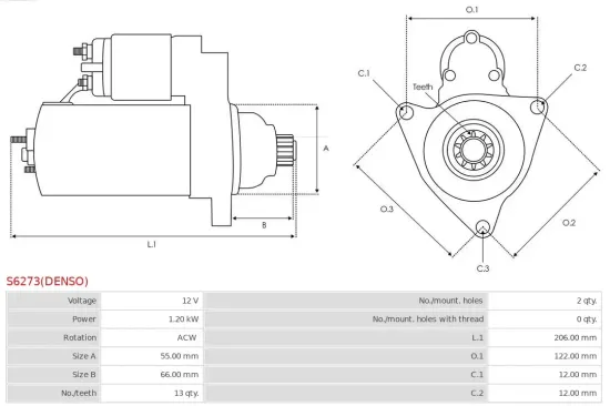 Starter 12 V 1,2 kW AS-PL S6273(DENSO) Bild Starter 12 V 1,2 kW AS-PL S6273(DENSO)