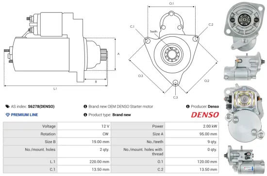 Starter 12 V 2 kW AS-PL S6278(DENSO) Bild Starter 12 V 2 kW AS-PL S6278(DENSO)