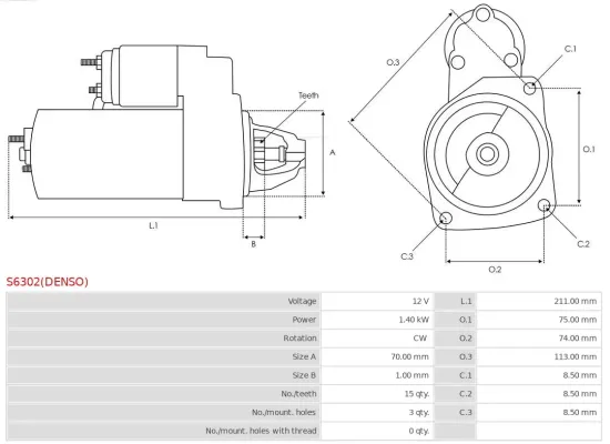 Starter 12 V 1,4 kW AS-PL S6302(DENSO) Bild Starter 12 V 1,4 kW AS-PL S6302(DENSO)