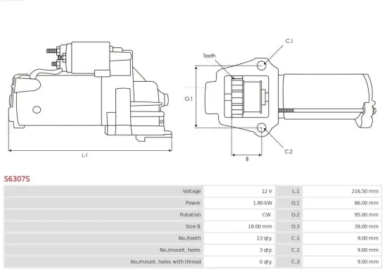 Starter 12 V 1,8 kW AS-PL S6307S Bild Starter 12 V 1,8 kW AS-PL S6307S