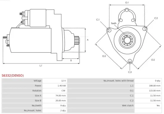 Starter 12 V 1,4 kW AS-PL S6332(DENSO) Bild Starter 12 V 1,4 kW AS-PL S6332(DENSO)