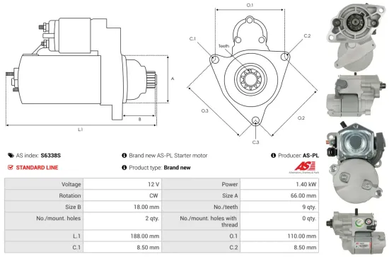 Starter 12 V 1,4 kW AS-PL S6338S Bild Starter 12 V 1,4 kW AS-PL S6338S
