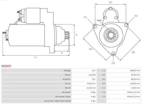 Starter 12 V 1,6 kW AS-PL S6362S Bild Starter 12 V 1,6 kW AS-PL S6362S