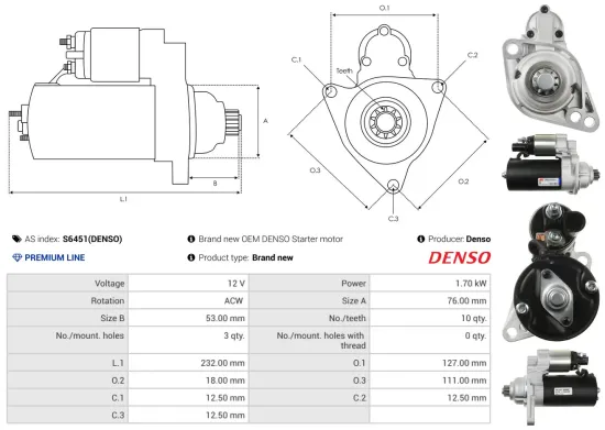 Starter 12 V 1,7 kW AS-PL S6451(DENSO) Bild Starter 12 V 1,7 kW AS-PL S6451(DENSO)