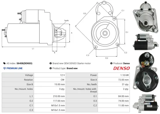 Starter 12 V 1,1 kW AS-PL S6458(DENSO) Bild Starter 12 V 1,1 kW AS-PL S6458(DENSO)