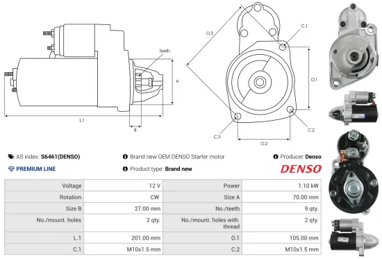 Starter 12 V 1,1 kW AS-PL S6461(DENSO) Bild Starter 12 V 1,1 kW AS-PL S6461(DENSO)