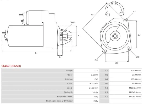 Starter 12 V 1,1 kW AS-PL S6467(DENSO) Bild Starter 12 V 1,1 kW AS-PL S6467(DENSO)