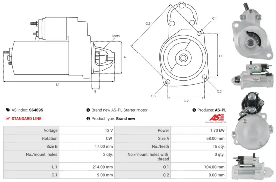 Starter 12 V 1,7 kW AS-PL S6469S Bild Starter 12 V 1,7 kW AS-PL S6469S