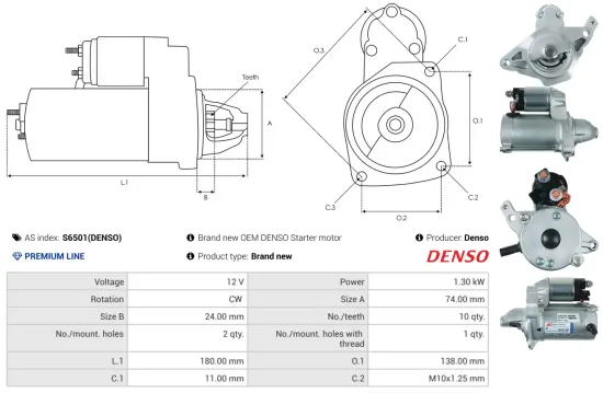 Starter 12 V 1,3 kW AS-PL S6501(DENSO) Bild Starter 12 V 1,3 kW AS-PL S6501(DENSO)