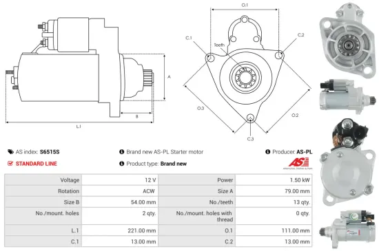 Starter 12 V 1,5 kW AS-PL S6515S Bild Starter 12 V 1,5 kW AS-PL S6515S