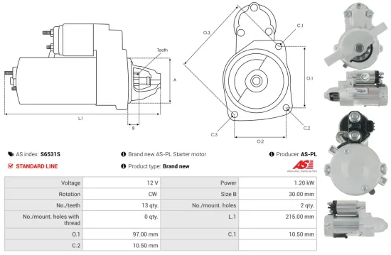 Starter 12 V 1,2 kW AS-PL S6531S Bild Starter 12 V 1,2 kW AS-PL S6531S