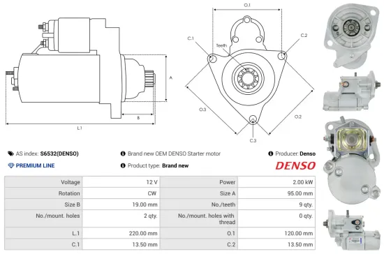 Starter 12 V 2 kW AS-PL S6532(DENSO) Bild Starter 12 V 2 kW AS-PL S6532(DENSO)