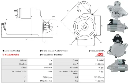 Starter 12 V 1,6 kW AS-PL S6546S Bild Starter 12 V 1,6 kW AS-PL S6546S