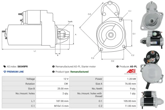Starter 12 V 1,2 kW AS-PL S6549PR Bild Starter 12 V 1,2 kW AS-PL S6549PR