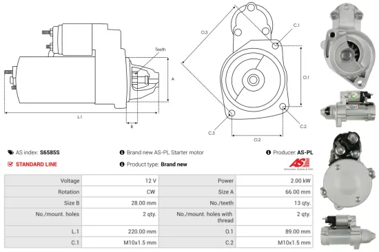 Starter 12 V 2 kW AS-PL S6585S Bild Starter 12 V 2 kW AS-PL S6585S