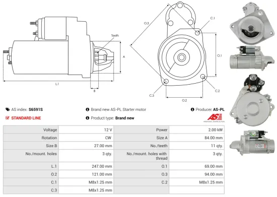 Starter 12 V 2 kW AS-PL S6591S Bild Starter 12 V 2 kW AS-PL S6591S