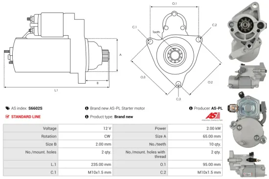 Starter 12 V 2 kW AS-PL S6602S Bild Starter 12 V 2 kW AS-PL S6602S
