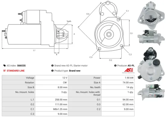 Starter 12 V 1,9 kW AS-PL S6653S Bild Starter 12 V 1,9 kW AS-PL S6653S