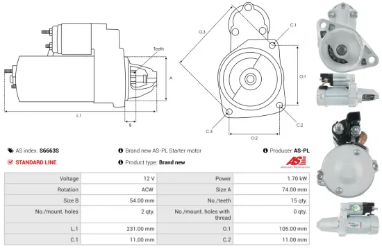 Starter 12 V 1,7 kW AS-PL S6663S Bild Starter 12 V 1,7 kW AS-PL S6663S