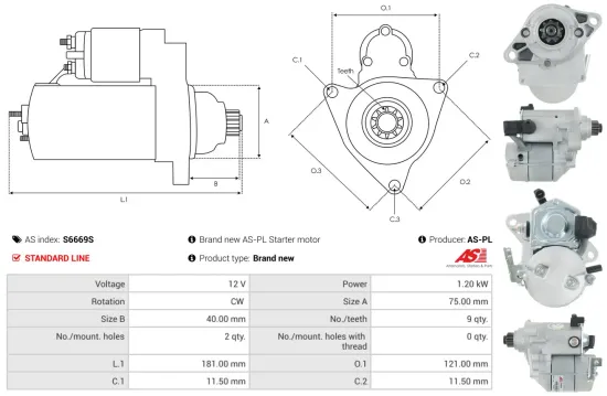 Starter 12 V 1,2 kW AS-PL S6669S Bild Starter 12 V 1,2 kW AS-PL S6669S