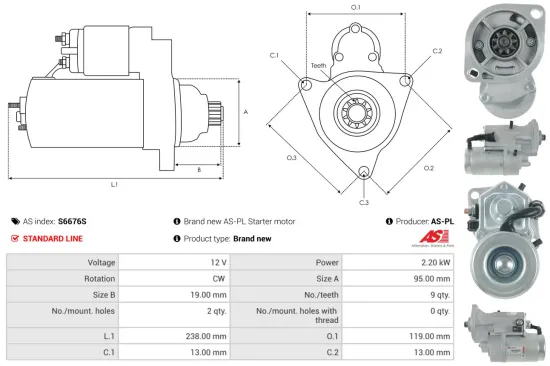 Starter 12 V 2,2 kW AS-PL S6676S Bild Starter 12 V 2,2 kW AS-PL S6676S