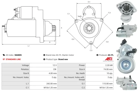 Starter 12 V 2,2 kW AS-PL S6680S Bild Starter 12 V 2,2 kW AS-PL S6680S