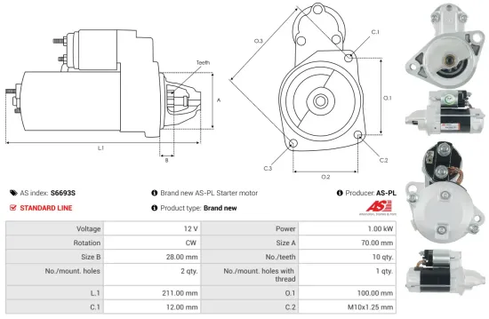 Starter 12 V 1 kW AS-PL S6693S Bild Starter 12 V 1 kW AS-PL S6693S
