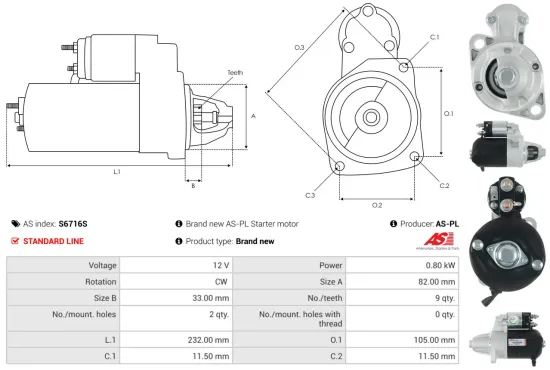 Starter 12 V 0,8 kW AS-PL S6716S Bild Starter 12 V 0,8 kW AS-PL S6716S