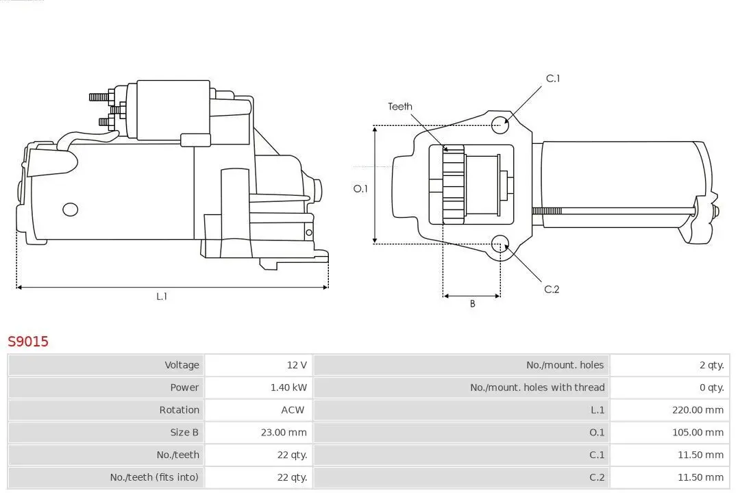 Starter 12 V 1,4 kW AS-PL S9015 Bild Starter 12 V 1,4 kW AS-PL S9015