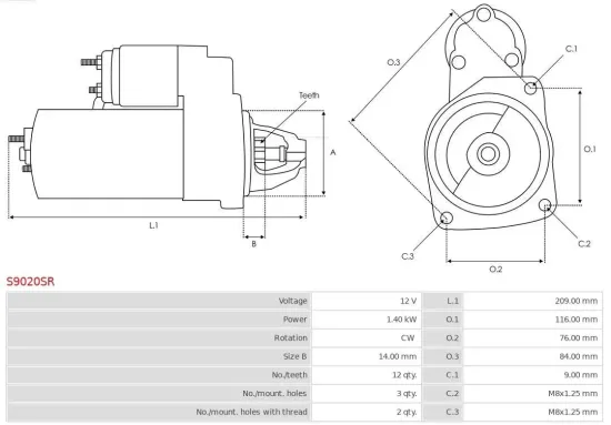 Starter 12 V 1,4 kW AS-PL S9020SR Bild Starter 12 V 1,4 kW AS-PL S9020SR