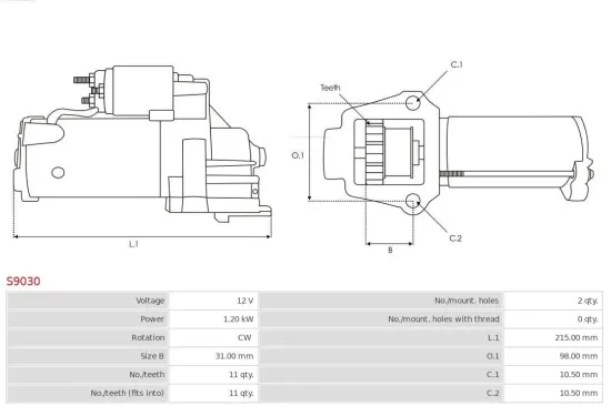 Starter 12 V 1,2 kW AS-PL S9030 Bild Starter 12 V 1,2 kW AS-PL S9030