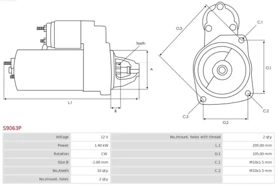 Starter 12 V 1,4 kW AS-PL S9063P Bild Starter 12 V 1,4 kW AS-PL S9063P