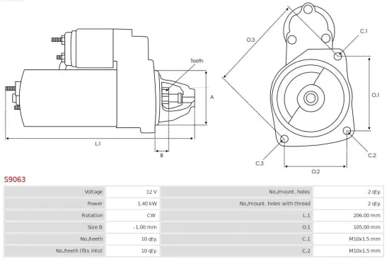 Starter 12 V 1,4 kW AS-PL S9063 Bild Starter 12 V 1,4 kW AS-PL S9063