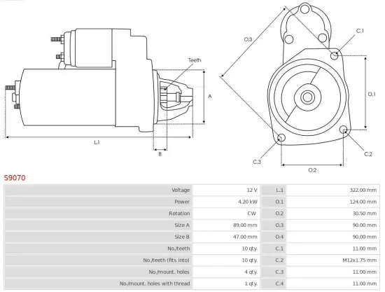 Starter 12 V 4,2 kW AS-PL S9070 Bild Starter 12 V 4,2 kW AS-PL S9070
