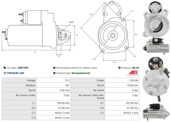 Starter 12 V 2 kW AS-PL S9071PR Bild Starter 12 V 2 kW AS-PL S9071PR