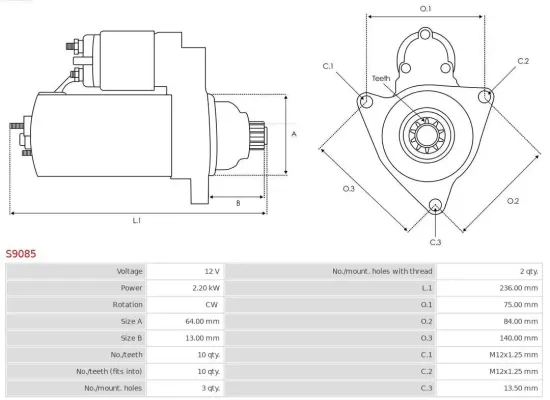 Starter 12 V 2,2 kW AS-PL S9085 Bild Starter 12 V 2,2 kW AS-PL S9085