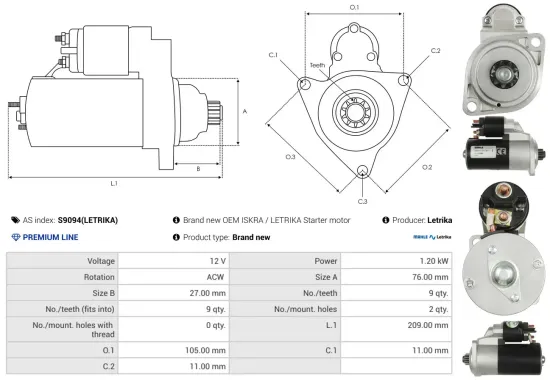 Starter 12 V 1,2 kW AS-PL S9094(LETRIKA) Bild Starter 12 V 1,2 kW AS-PL S9094(LETRIKA)