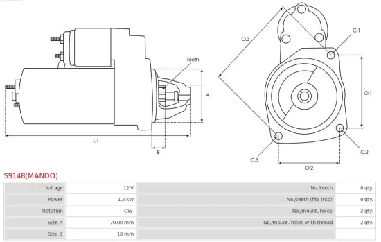 Starter 12 V 1,2 kW AS-PL S9148(MANDO) Bild Starter 12 V 1,2 kW AS-PL S9148(MANDO)
