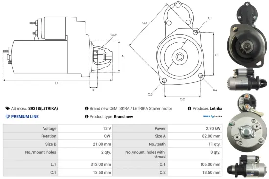 Starter 12 V 2,7 kW AS-PL S9218(LETRIKA) Bild Starter 12 V 2,7 kW AS-PL S9218(LETRIKA)