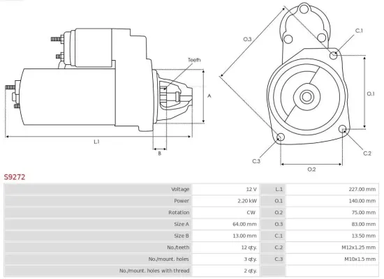 Starter 12 V 2,2 kW AS-PL S9272 Bild Starter 12 V 2,2 kW AS-PL S9272