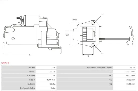 Starter 12 V 1,2 kW AS-PL S9273 Bild Starter 12 V 1,2 kW AS-PL S9273