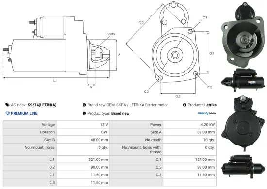 Starter 12 V 4,2 kW AS-PL S9274(LETRIKA) Bild Starter 12 V 4,2 kW AS-PL S9274(LETRIKA)