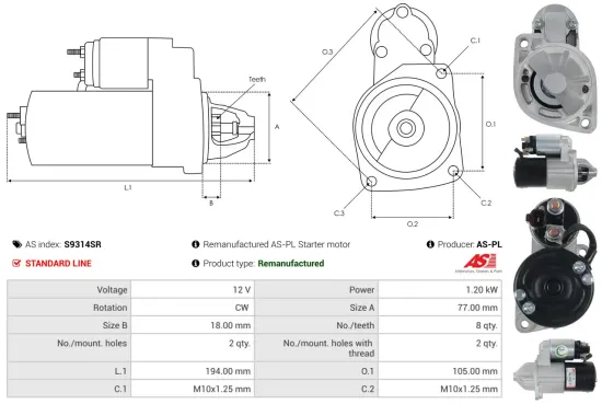 Starter 12 V 1,2 kW AS-PL S9314SR Bild Starter 12 V 1,2 kW AS-PL S9314SR