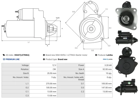 Starter 12 V 3,2 kW AS-PL S9447(LETRIKA) Bild Starter 12 V 3,2 kW AS-PL S9447(LETRIKA)