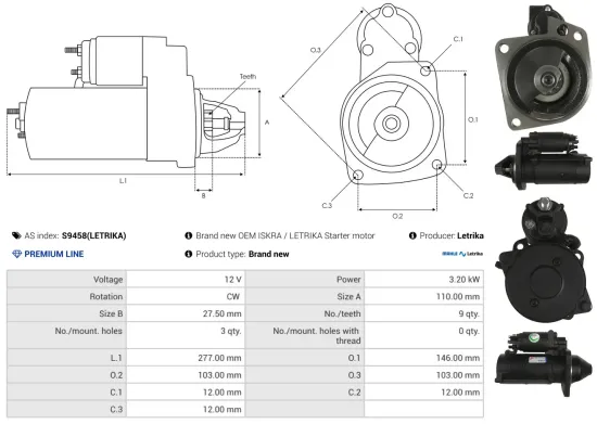 Starter 12 V 3,2 kW AS-PL S9458(LETRIKA) Bild Starter 12 V 3,2 kW AS-PL S9458(LETRIKA)