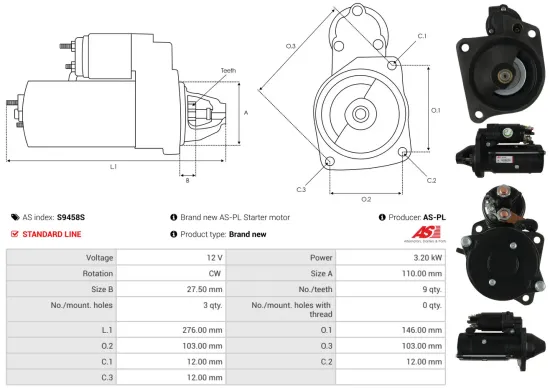 Starter 12 V 3,2 kW AS-PL S9458S Bild Starter 12 V 3,2 kW AS-PL S9458S