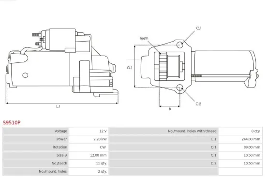 Starter 12 V 2,2 kW AS-PL S9510P Bild Starter 12 V 2,2 kW AS-PL S9510P