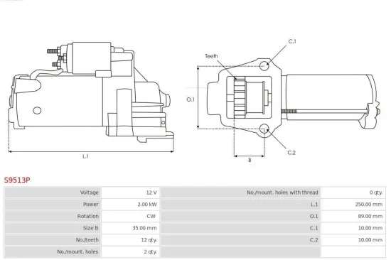 Starter 12 V 2 kW AS-PL S9513P Bild Starter 12 V 2 kW AS-PL S9513P