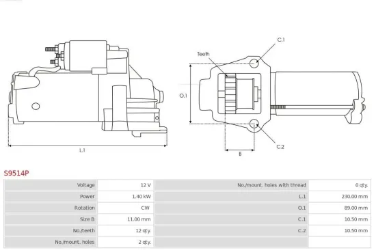 Starter 12 V 1,4 kW AS-PL S9514P Bild Starter 12 V 1,4 kW AS-PL S9514P