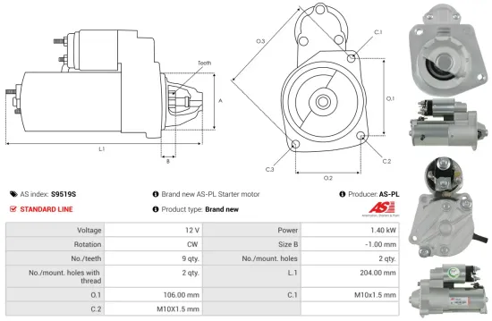 Starter 12 V 1,4 kW AS-PL S9519S Bild Starter 12 V 1,4 kW AS-PL S9519S